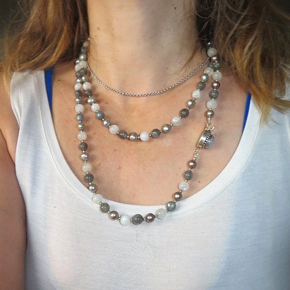 Stunning Extra LONG Moonstone Labradorite Pearl Sterling Silver Necklace - Picture 12 of 16